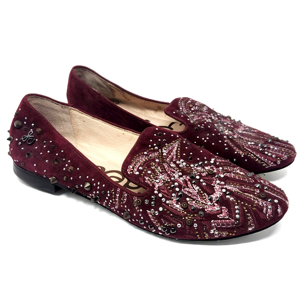 Sam Edelman Burgundy Velvet Studded Embroidered Slip On Loafer Flats Size 7